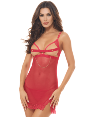 Nuisette résille rouge avec chaîne dorée et string - REN51017-TRED